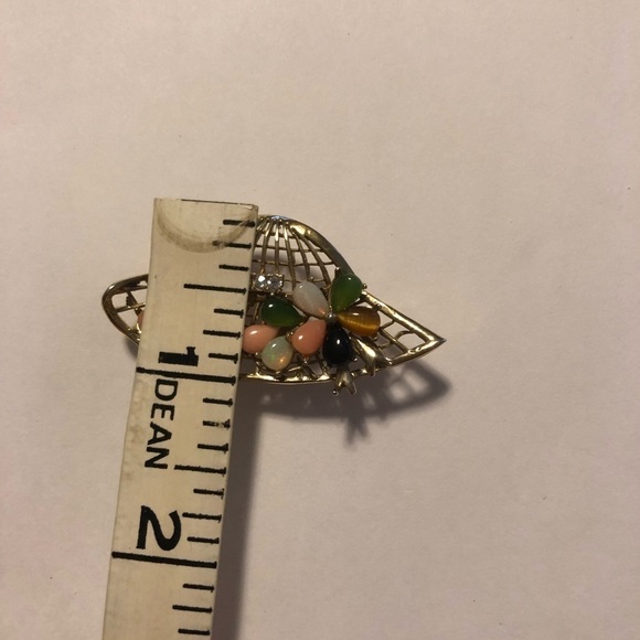 VTG Sunhat Brooch Opal Coral Jade Tigers Eye Onyx Gemstones & Rhinestones 2” - Picture 8 of 8
